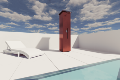 Die Weltneuheit Skydancer wurde von Plan Design entwickelt: Eine weiße Terrasse mit Pool davor. Rechts von einer weißen Sonnenliege steht ein brauner Turm mit einer integrierten Dusche ©Plan Design