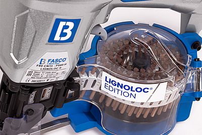 Der Druckluftnagler FASCO® F60 CN15-PS90-H LIGNOLOC® ist kompatibel für LIGNOLOC® Holznägel mit Kopf (ältere Geräte können nachgerüstet werden). © BECK