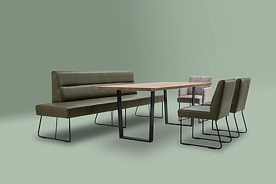 SEDDA Dining-Serie PIAZZA, Bank aus Leder Elegant oliv und Stuhl PINO AT und Stühle PINO aus Leder oliv